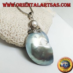 Pendentif Nautilus Fossil en argent (mollusque) entouré d'un crochet en argent orné de perles