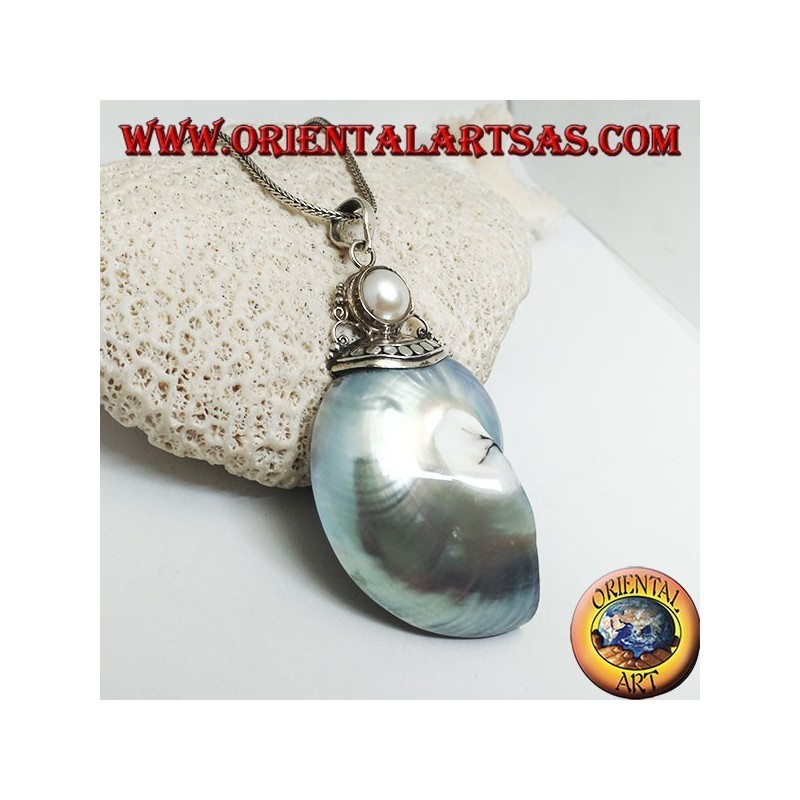 Nautilus Fossil silver pendant (mollusk) surrounded by a silver hook decorated with pearl