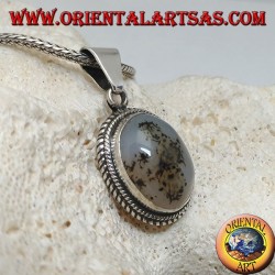 Silver pendant with oval cabochon musk agate surrounded by subtle weave