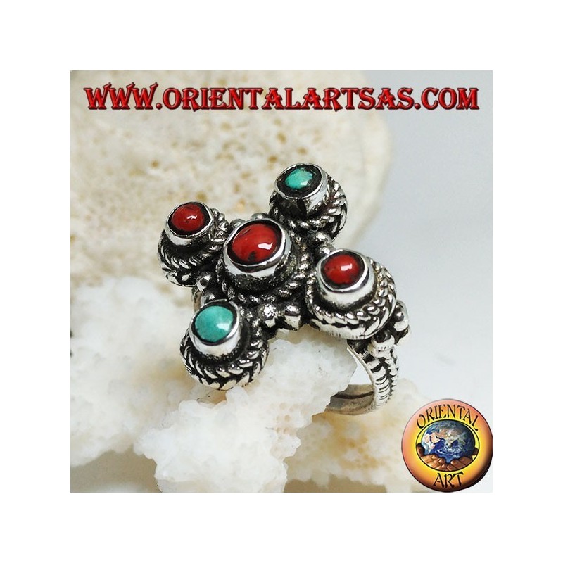 Silver ring with three corals and two natural turquoise of Tibetan origin arranged in a Greek cross