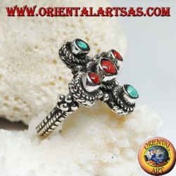 Silver ring with three corals and two natural turquoise of Tibetan origin arranged in a Greek cross