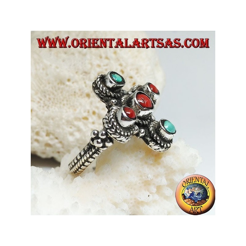 Anello Tibetano Corallo Turchese Argento - Croce Greca Artigianale