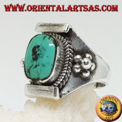 Silver ring with Tibetan antique turquoise on a Nepalese setting and balls on the sides