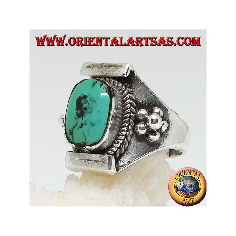 Silver ring with Tibetan antique turquoise on a Nepalese setting and balls on the sides