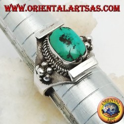 Bague en argent avec turquoise tibétaine ancienne sur monture népalaise et boules sur les côtés