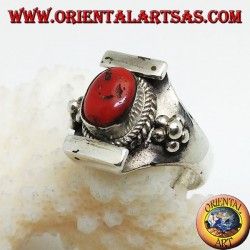 Silver ring with ancient Tibetan coral on a Nepalese setting and balls on the sides