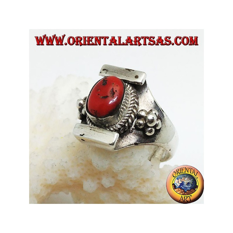 Silver ring with ancient Tibetan coral on a Nepalese setting and balls on the sides