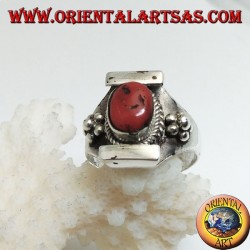 Silver ring with ancient Tibetan coral on a Nepalese setting and balls on the sides