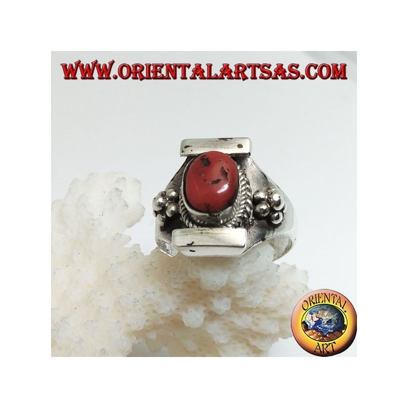 Silver ring with ancient Tibetan coral on a Nepalese setting and balls on the sides