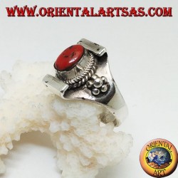 Silver ring with ancient Tibetan coral on a Nepalese setting and balls on the sides