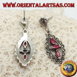 Silver earrings with three natural oval rubies in a marcasite rhombus