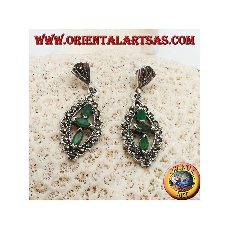 Silver earrings with three natural oval emeralds in a marcasite rhombus