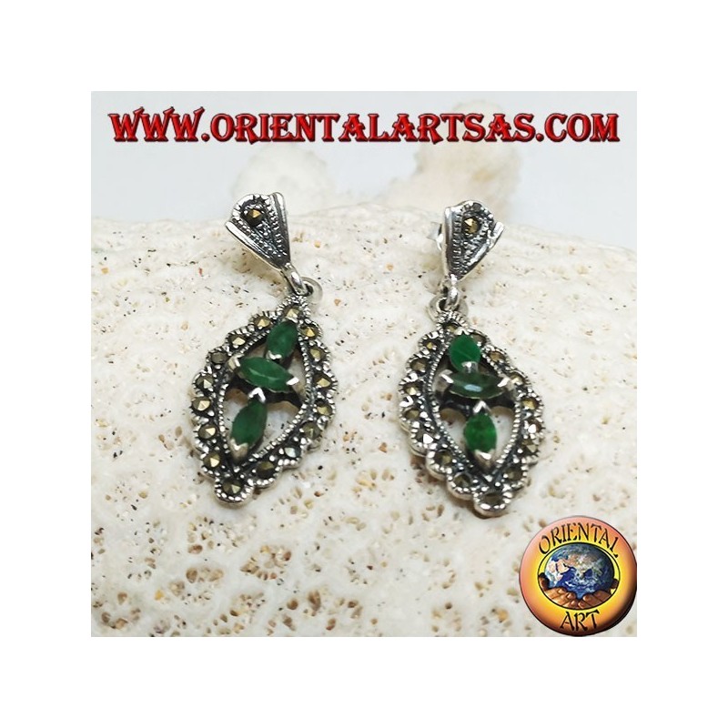 Silver earrings with three natural oval emeralds in a marcasite rhombus