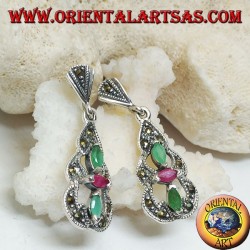 Silver earrings with 2 emeralds and a natural oval ruby in a round marcasite pyramid