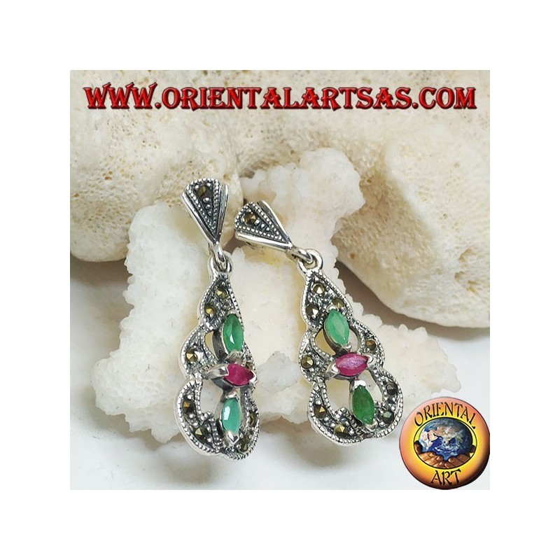 Silver earrings with 2 emeralds and a natural oval ruby in a round marcasite pyramid
