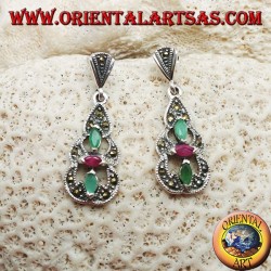 Silver earrings with 2 emeralds and a natural oval ruby in a round marcasite pyramid