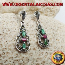 Silver earrings with 2 emeralds and a natural oval ruby in a round marcasite pyramid