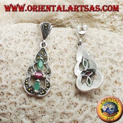 Silver earrings with 2 emeralds and a natural oval ruby in a round marcasite pyramid
