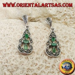 Silver earrings with 3 natural oval emeralds in a round marcasite pyramid