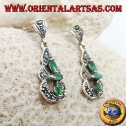 Silver earrings with 3 natural oval emeralds in a round marcasite pyramid