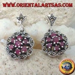 Silver earrings with triple concentric circles of natural round rubies set and shuttle marcasite