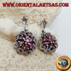 Pendientes de plata con círculos triples concéntricos de rubíes redondos naturales engastados y marcasita lanzadera.