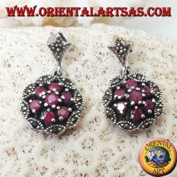 Silver earrings with triple concentric circles of natural round rubies set and shuttle marcasite