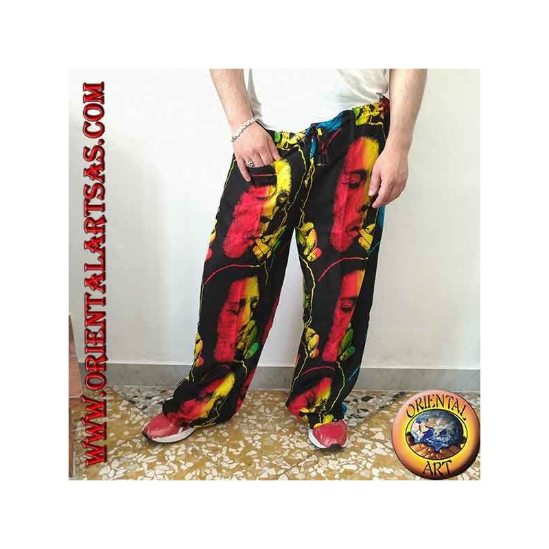 Pantalon long avec poche "Bob Marley" en fumant multicolore en rayonne