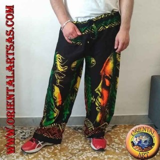 Pantalon long avec poche "Bob Marley" et bang en rayonne multicolore