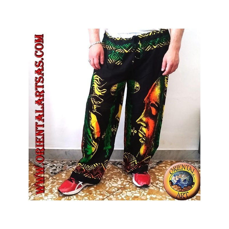 Pantalon long avec poche "Bob Marley" et bang en rayonne multicolore