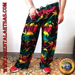 Long trousers with "Bob Marley" pocket and multicolor rayon marijuana leaf