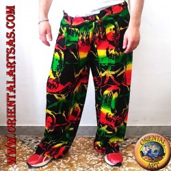 Pantalon long avec poche "Bob Marley" et feuille de marijuana en rayonne multicolore