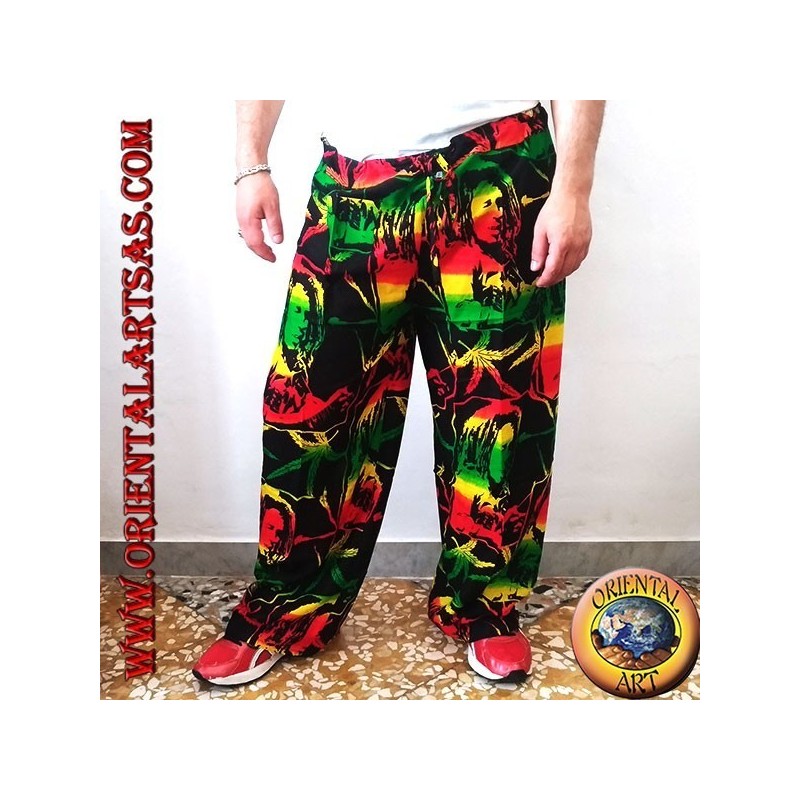 Long trousers with "Bob Marley" pocket and multicolor rayon marijuana leaf