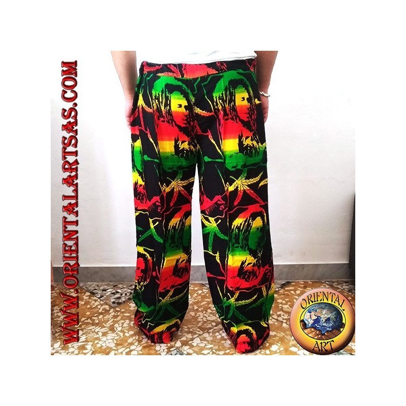 Long trousers with "Bob Marley" pocket and multicolor rayon marijuana leaf