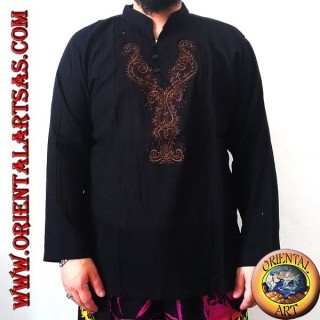 Chemise kaftan à manches longues avec col en V et 3 boutons et broderie sur le devant (M)