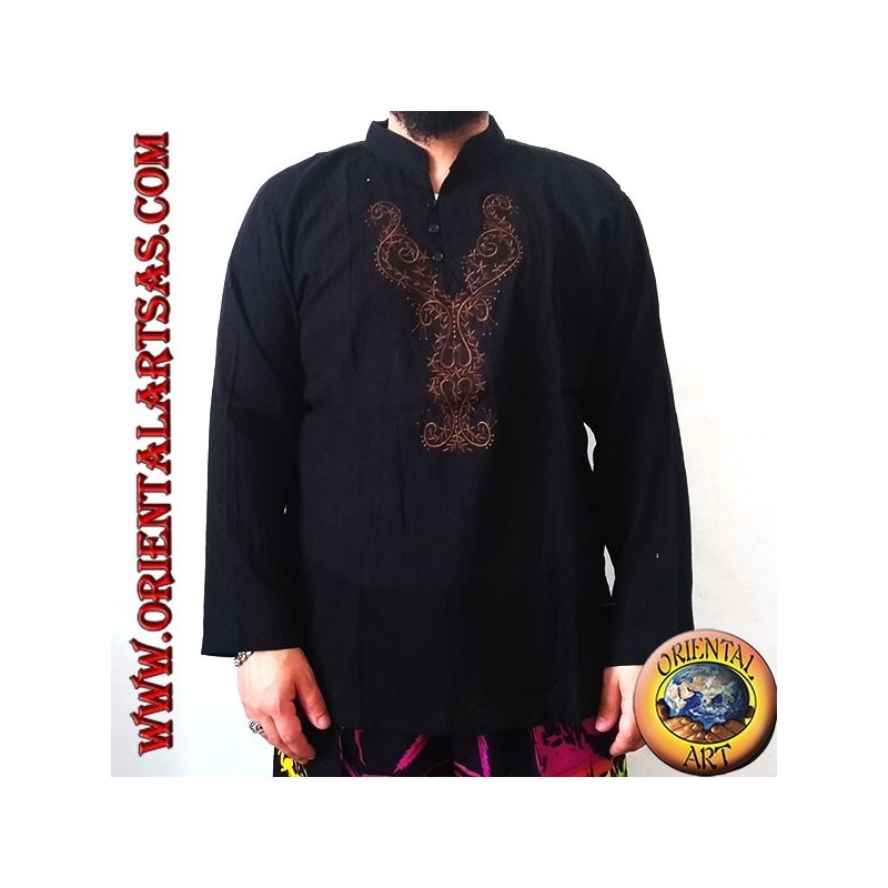 Langärmliger Kaftan-Pullover mit V-Ausschnitt und 3 Knöpfen und Stickerei vorne (M)