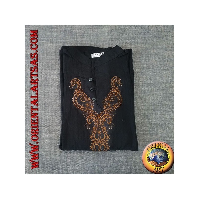 Long-sleeved kaftan shirt with V-neck and 3 buttons and front embroidery (M)