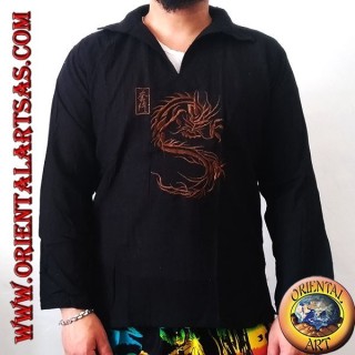Long-sleeved kaftan shirt with Japanese dragon embroidery and V-neck with collar (M)