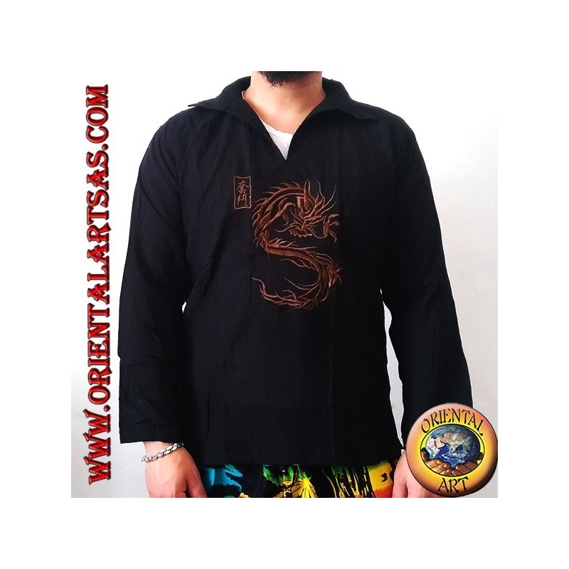 Chemise kaftan à manches longues avec broderie dragon japonais et col en V avec col (M)