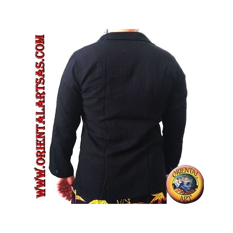 Long-sleeved kaftan shirt with Japanese dragon embroidery and V-neck with collar (M)