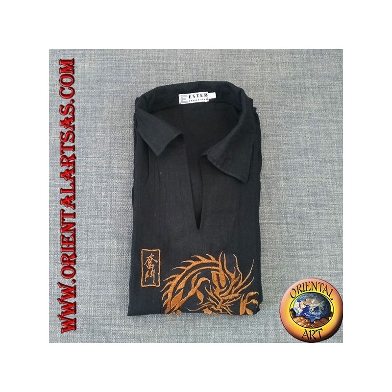 Chemise kaftan à manches longues avec broderie dragon japonais et col en V avec col (M)