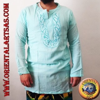 Long-sleeved kaftan shirt with embroidery and V-neck with Korean light blue collar (M)
