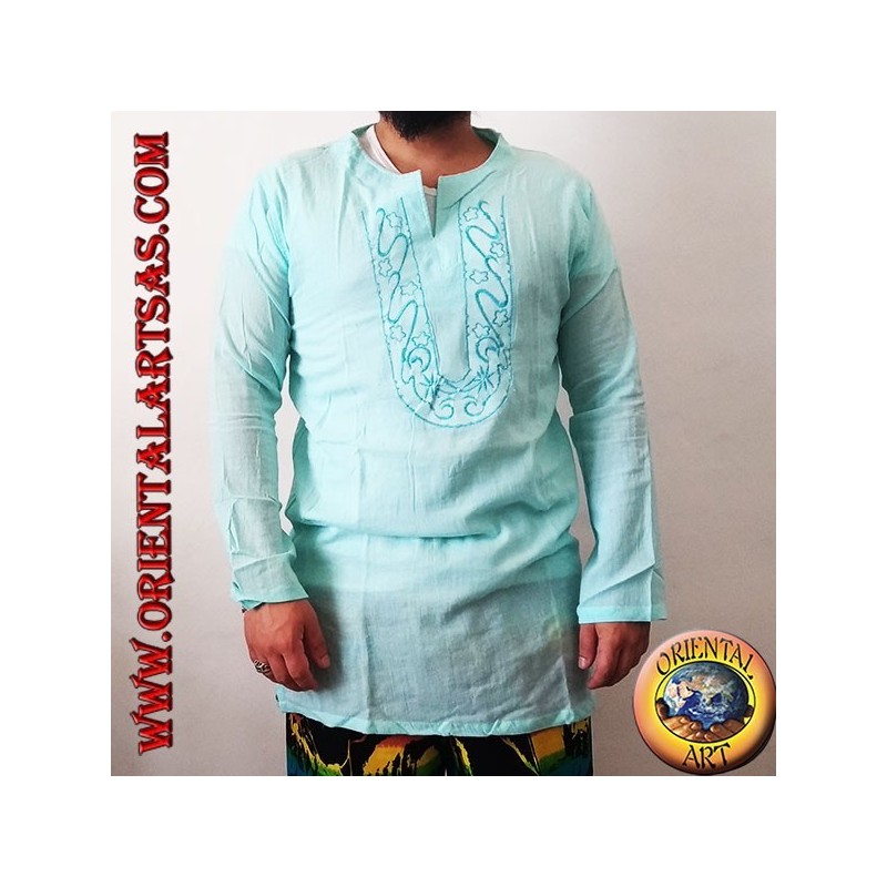 Camisa kaftan de manga larga con bordado y cuello en V con cuello azul claro coreano (M)