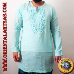 Chemise kaftan à manches longues avec broderie et col en V avec col bleu clair coréen (M)