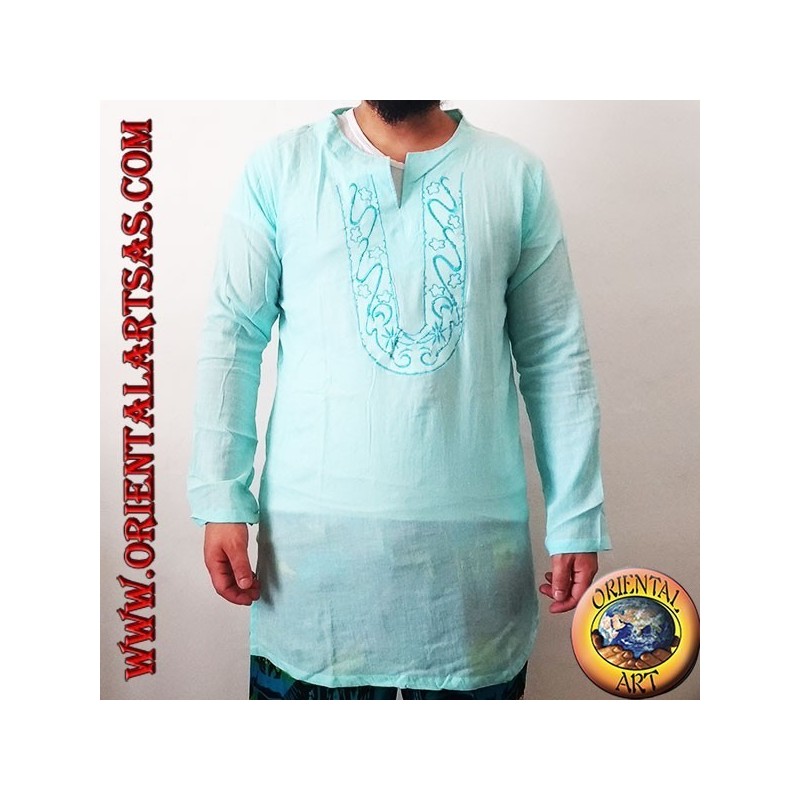 Long-sleeved kaftan shirt with embroidery and V-neck with Korean light blue collar (M)