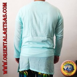 Chemise kaftan à manches longues avec broderie et col en V avec col bleu clair coréen (M)