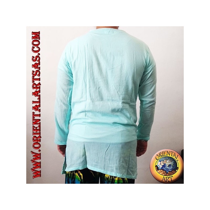 Maglia caftano a maniche lunghe con ricamo e scollo a V con colletto coreano celeste (M)