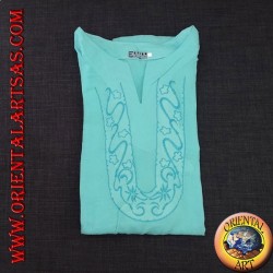 Chemise kaftan à manches longues avec broderie et col en V avec col bleu clair coréen (M)