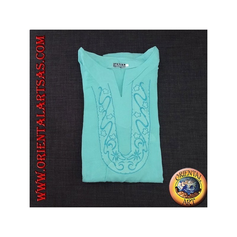Camisa kaftan de manga larga con bordado y cuello en V con cuello azul claro coreano (M)