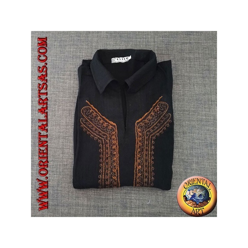 Chemise caftan à manches longues avec broderie et col en V avec col (L)